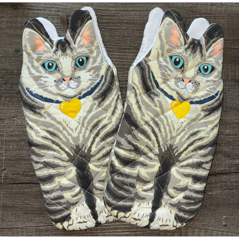 Tabby Cat Oven Mitts Set 2 Quilted Cotton Kitten Kitchen Pot Holder Cottagecore